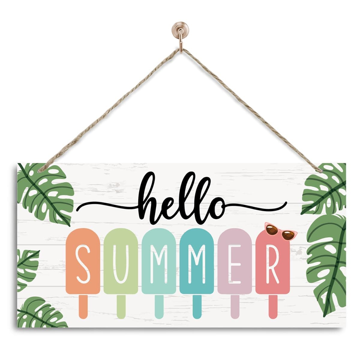 Summer Decor, Summer Home Decor, Summer Wall Decor, Hello Summer Hanging Sign, Decorative Wall Plaque, Green Leaves Decor Sign, Rustic Door Hanger, Farmhouse Wood Decoration for Home Cafe Shop