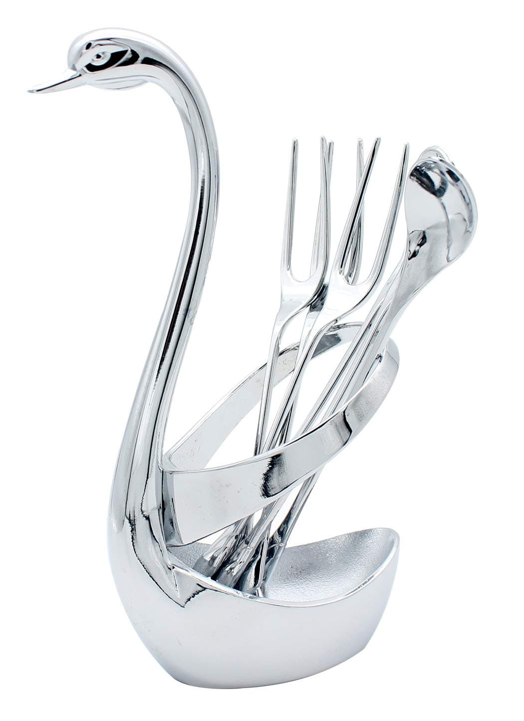 Ranvi Dinnerware Set, Stainless Steel Fruit, Dessert Flatware SwanBase Holder, with 3 Forks & 3 Spoons (Round)