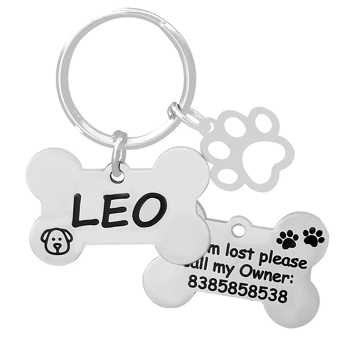 Pet Id Tag Personalize Black Engraved Name Collar Tag For Your Loving Pet Dog, Cat, Puppy, Horse (Bone Shape 2 Mm Thick Tag With Little Bone Charm), 1 Label