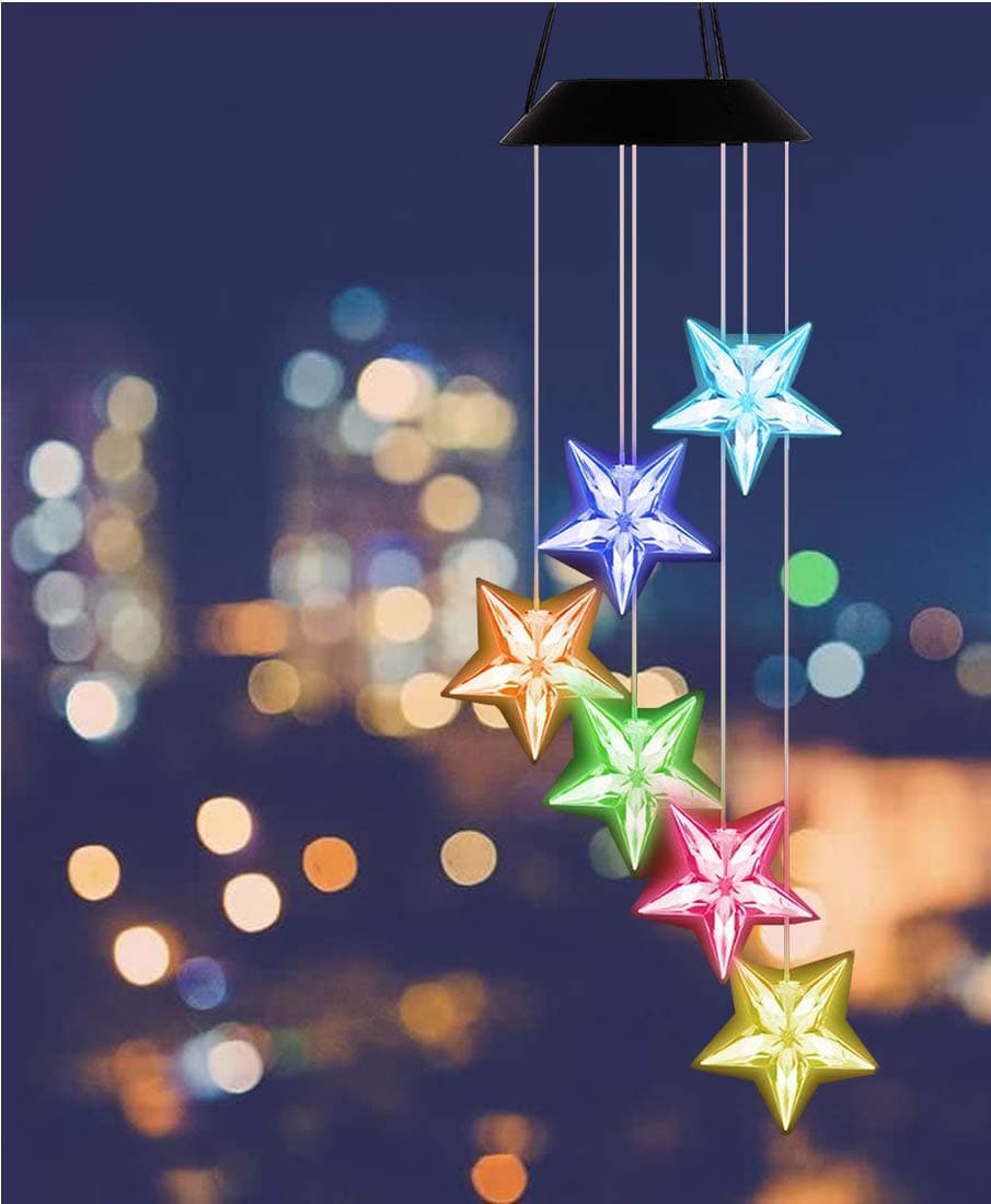 Blue Star Wind Chime Color Changing LED Star Solar Wind Chime Wind Mobile Waterproof Outdoor Decorative Romantic Wind Bell Light for Christmas Patio Yard Garden Home Porch Tree Decor
