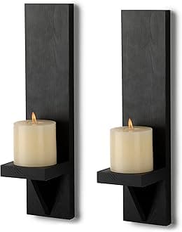 OwnMy Set of 2 Wooden Wall Candle Sconces Rustic Wall Mount Wooden Pillar Candle Sconces, Black Farmhouse Wall Candle Sconce Vintage Hanging Candle Holders Decor for Living Room