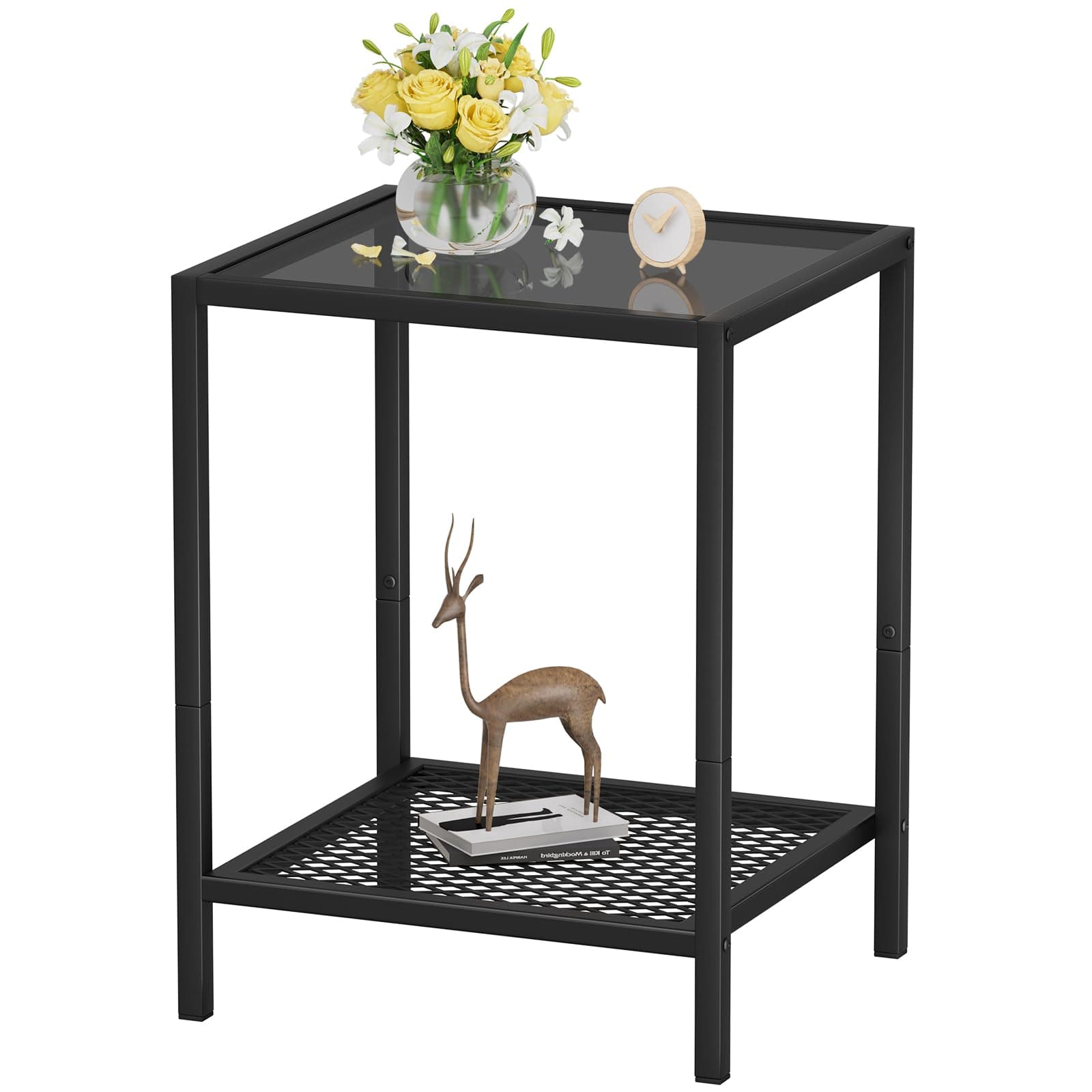 SAYGOER Black Side Table Small Glass End Table 2-Tier Narrow Square Bed Side Tables, 13.4"x11.8"x19.7", Sofa Small Leisure Table with Black Metal Frame for Modern Living Room Bedroom, BK Glass