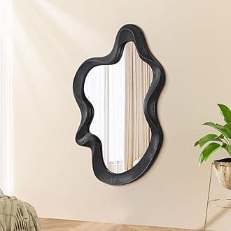 Asymmetrical Mirror for Decor Large 55x37cm Modern Wooden Framed Wall Mirrors Unique Shape Wall Mounted Vanity Artistic Wavy Mirror Decorative for Living Room Bedroom Bathroom Entryway Black