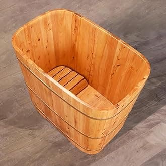 Wooden Free Standing Bathtub Lit for Small Bathroom, Japanese-Style Tradtional Deep Soaking Tub for Adults, Compact Bathtub for Dorm/Spa, Removable Bathtub with Wooden Tub Tray,110cm/43.31in
