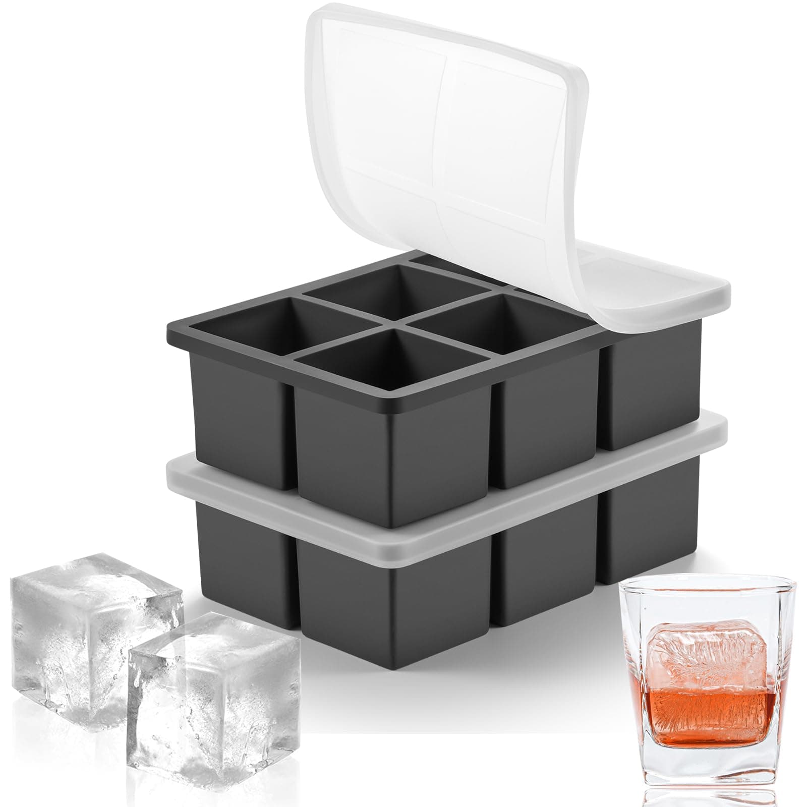 Large Ice Cube Molds Tray with Lid, Stackable Big Silicone Square Ice Cube Mold for Whiskey Cocktails Bourbon Soups Frozen Treats, Whiskey Gifts for Men from Daughter Wife Son Kids