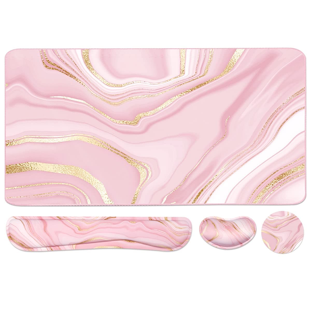 Keyboard Mouse Pad Set, Extended Mouse Pad+Keyboard Wrist Rest Support, Memory Foam Ergonomic Easy Typing, 3Pcs (35.4×15.7 in) Desk Pad Set for Home Office Study Game- Pink Gold