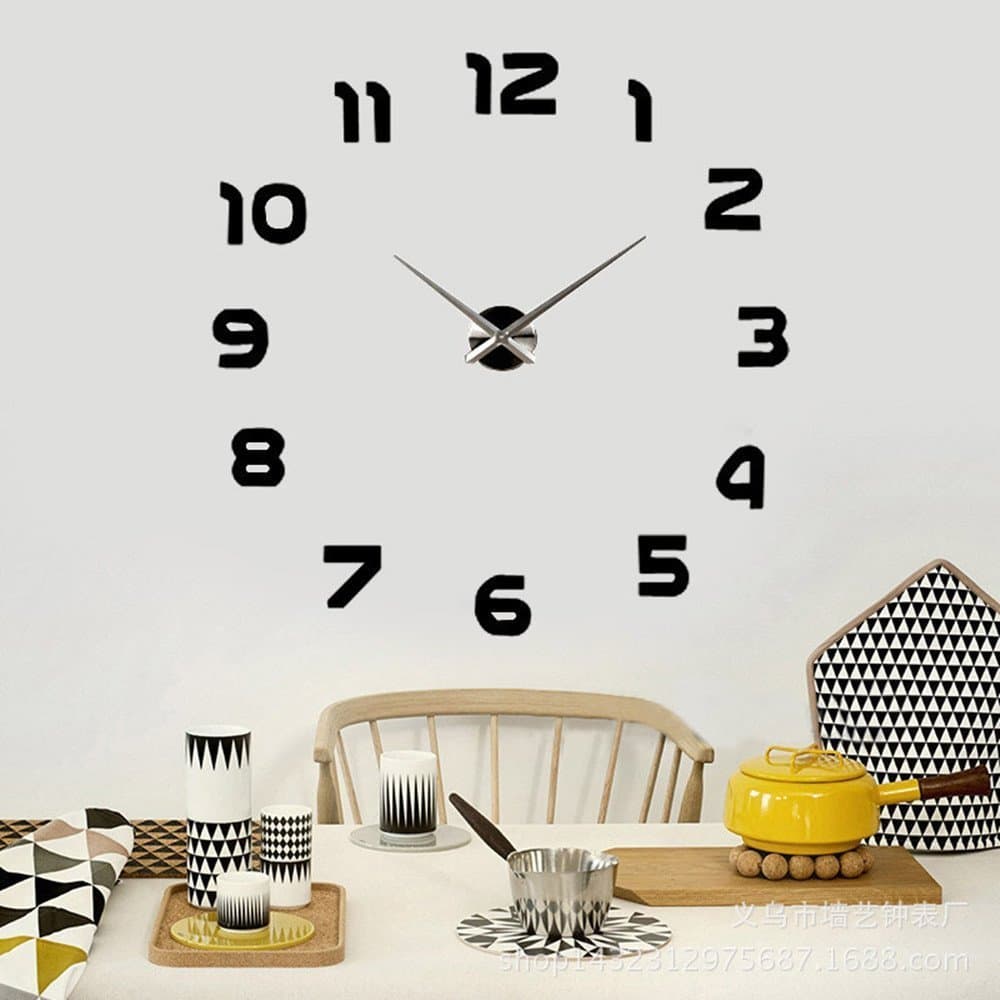 Modern Mute Frameless Large 3D Wall Clock Watches DIY 3D Wall Sticker Room Home Decorations (Black-2)