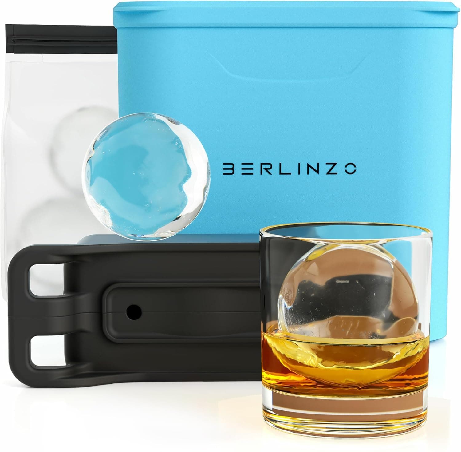 Berlinzo Premium Clear Ice Ball Maker Mold - 2 Large 2.4-inch Crystal Clear Ice Balls for Whiskey Cocktail-New Easy-to-Remove Ice Sphere Mold - Ice Storage Bag Included, Tiffany (Non-Electric)