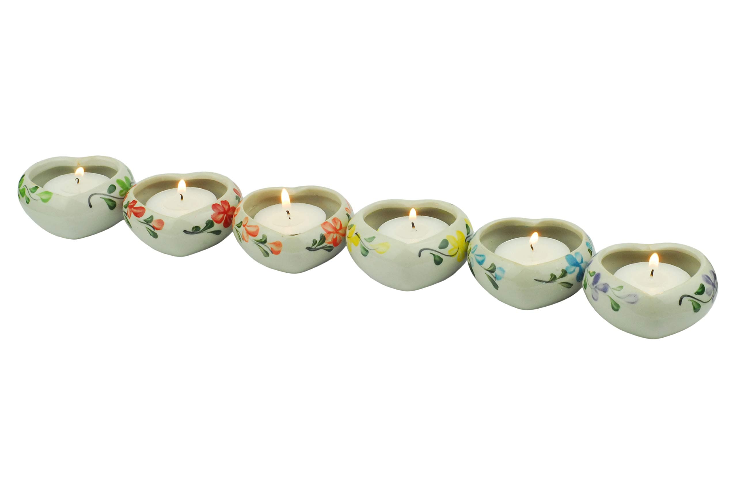Tea Light Candles in Ceramic Hand Painted Heart Shaped Tea Light Candle Holders, Reuseable, Pack of 6