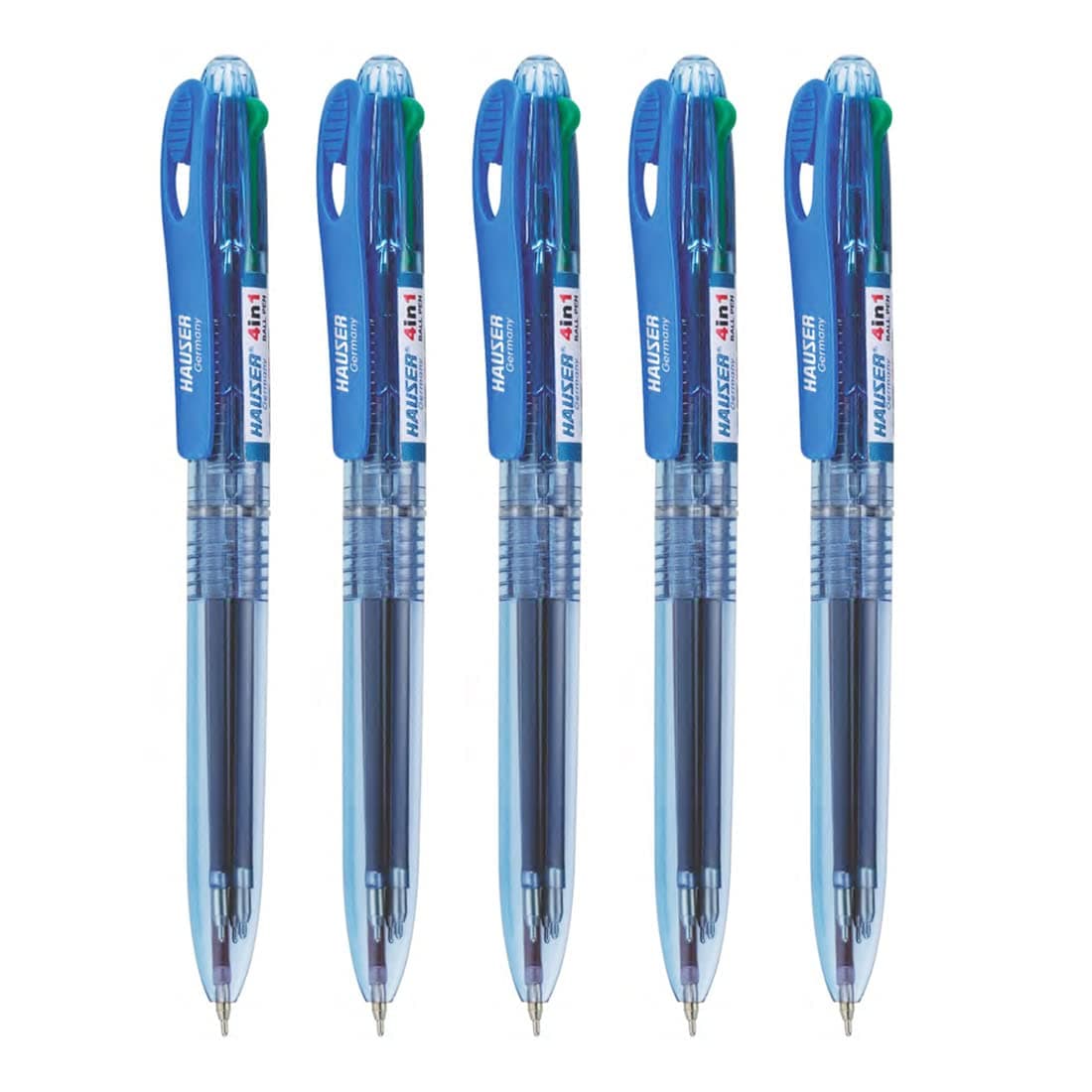 Germany 4 In 1 Retractable Ball Pen Box | Durable Transparent Body | 4 Ink Colors In One Pen | Low Viscosity Ink System | Acu Flow Writing System | Blue, Black, Red & Green Ink, of 5 Pens