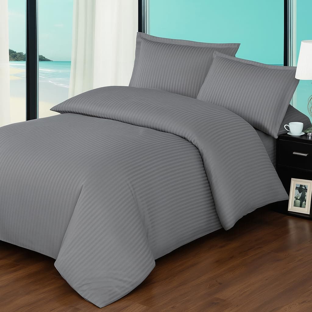 Super Soft Cotton 4 pcs Single Size (160 x 210 cm) Striped Duvet Cover Set, Fitted bed sheet with pillow cases - set (GREY)