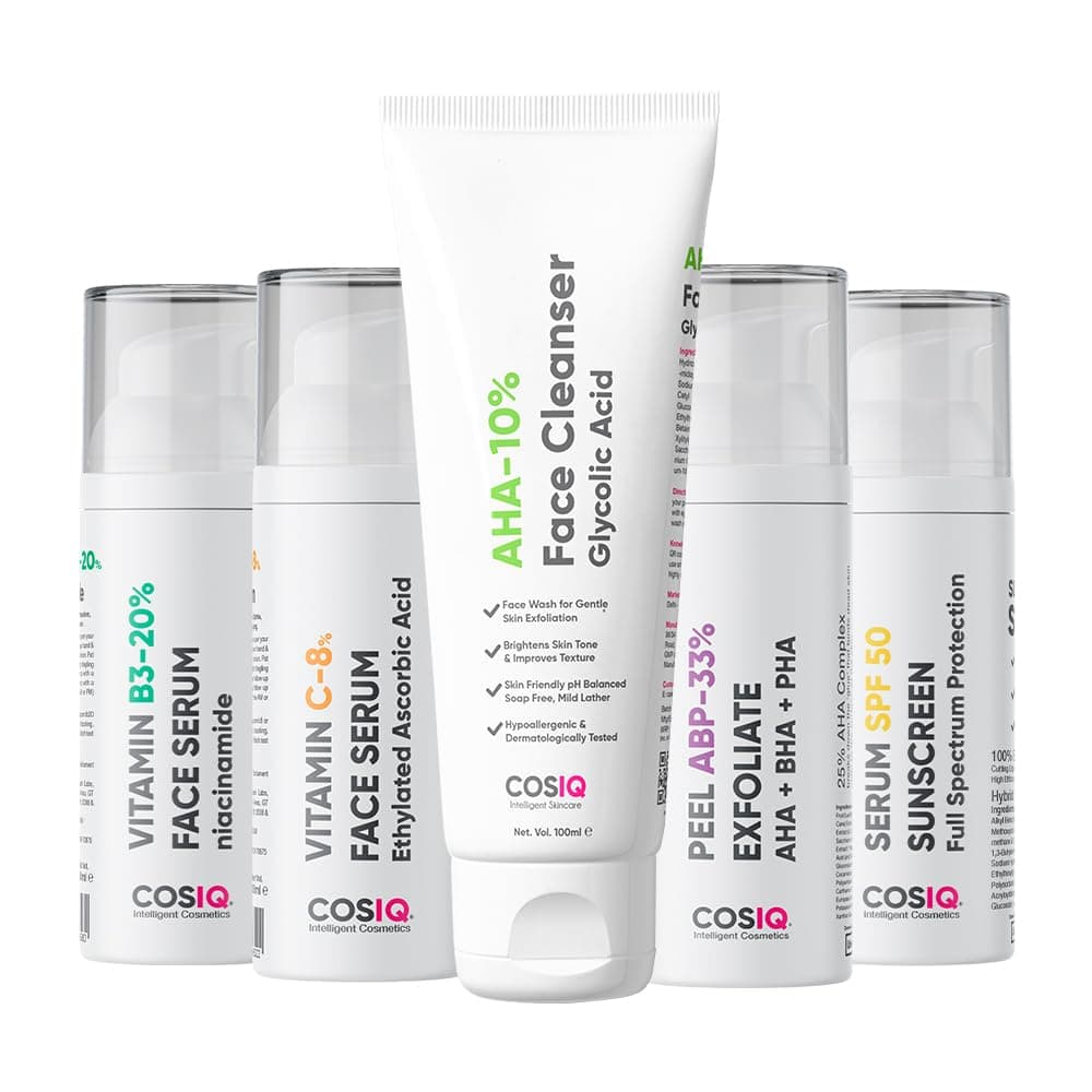 Complete Kit for Fighting Hyperpigmentation, Glycolic Acid Face Cleanser 100ml, SPF 50 Sunscreen 30ml, Vitamin C-8% Serum, ABP-33% Strong Exfoliating, Niacinamide Vitamin B3-20% Serum, 30ml
