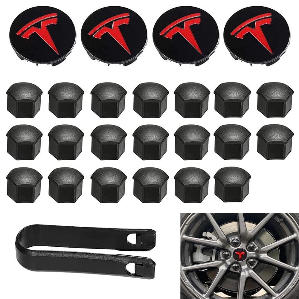 Aero Wheel Cap Kit,Wheel Lug Nut Covers Model 3 Wheel Cap kit with Tesla Logo Hub Center Cover Nut Cover Caps For Tesla Model 3 Model Y (Red)