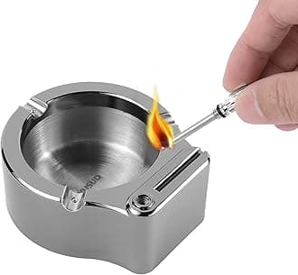 YUSUD Large Cigarette Ashtray with Permanent Match Lighter, Flint Fire Starter Ashtray, Fancy Metal Ash Tray Set for Weed, Cool Ashtrays for Cigars Outdoor Indoor Decor in Home Office
