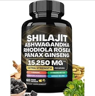 Shilajit, Ashwagandha, Turmeric, Gingko Baloba, Panax Ginseng, Rhodiola Rosea, Stinging Nettle, Cordyceps Mushroom 8 in 1 Dietary Supplement, 60 Vegan/Vegetarian Extra Strength Capsules