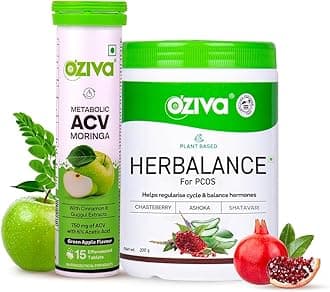 OZiva Plant Based HerBalance for PCOS Supplements for Women 250g and ACV Moringa for Weight Loss|3-in-1 Fat Oxidation Formula, 15 Effervescent Tablets (Green Apple)