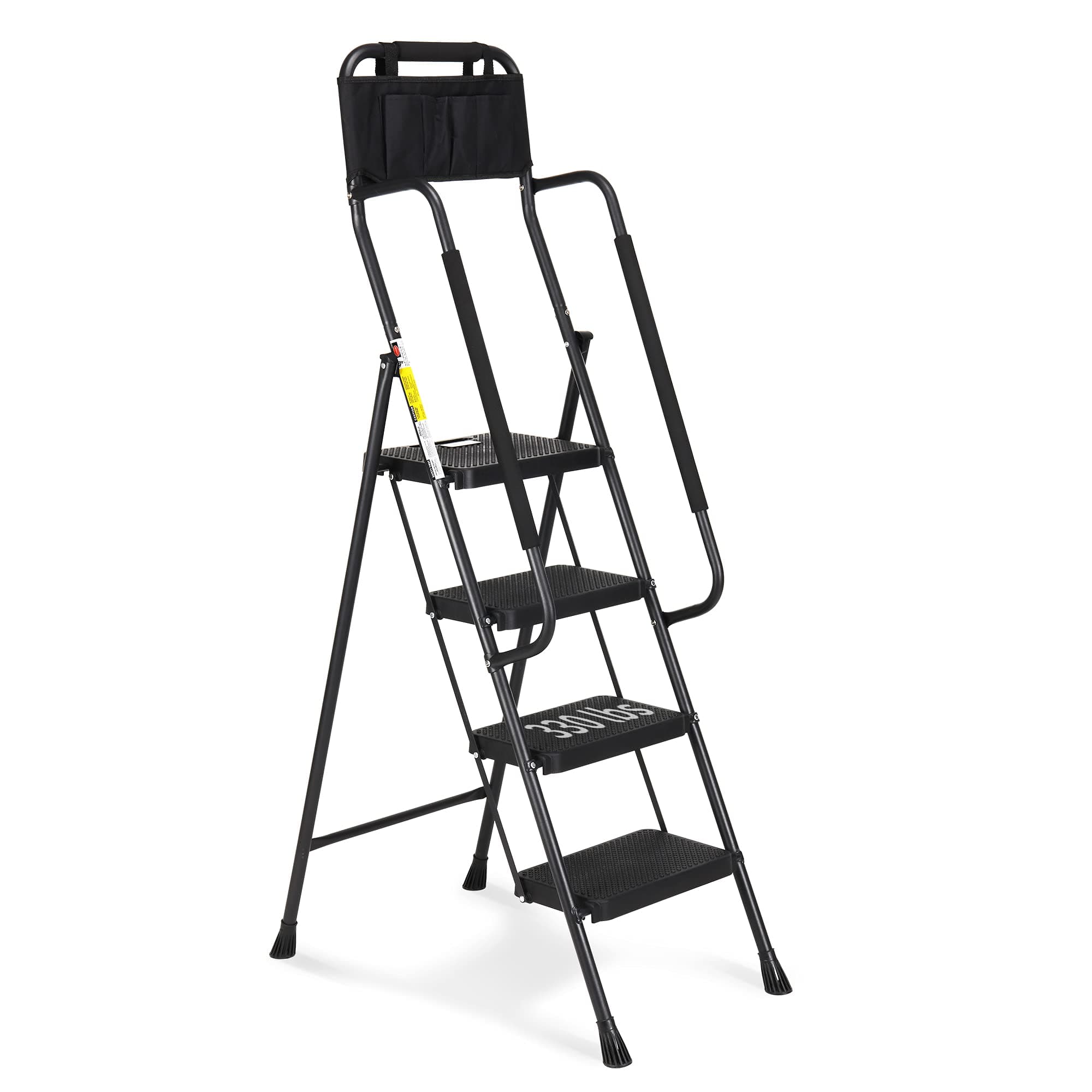HBTower Step Ladder with Handrails, Folding Step Stool with Attachable Tool Bag & Anti-Slip Wide Pedal for Home Kitchen Pantry Office, Black