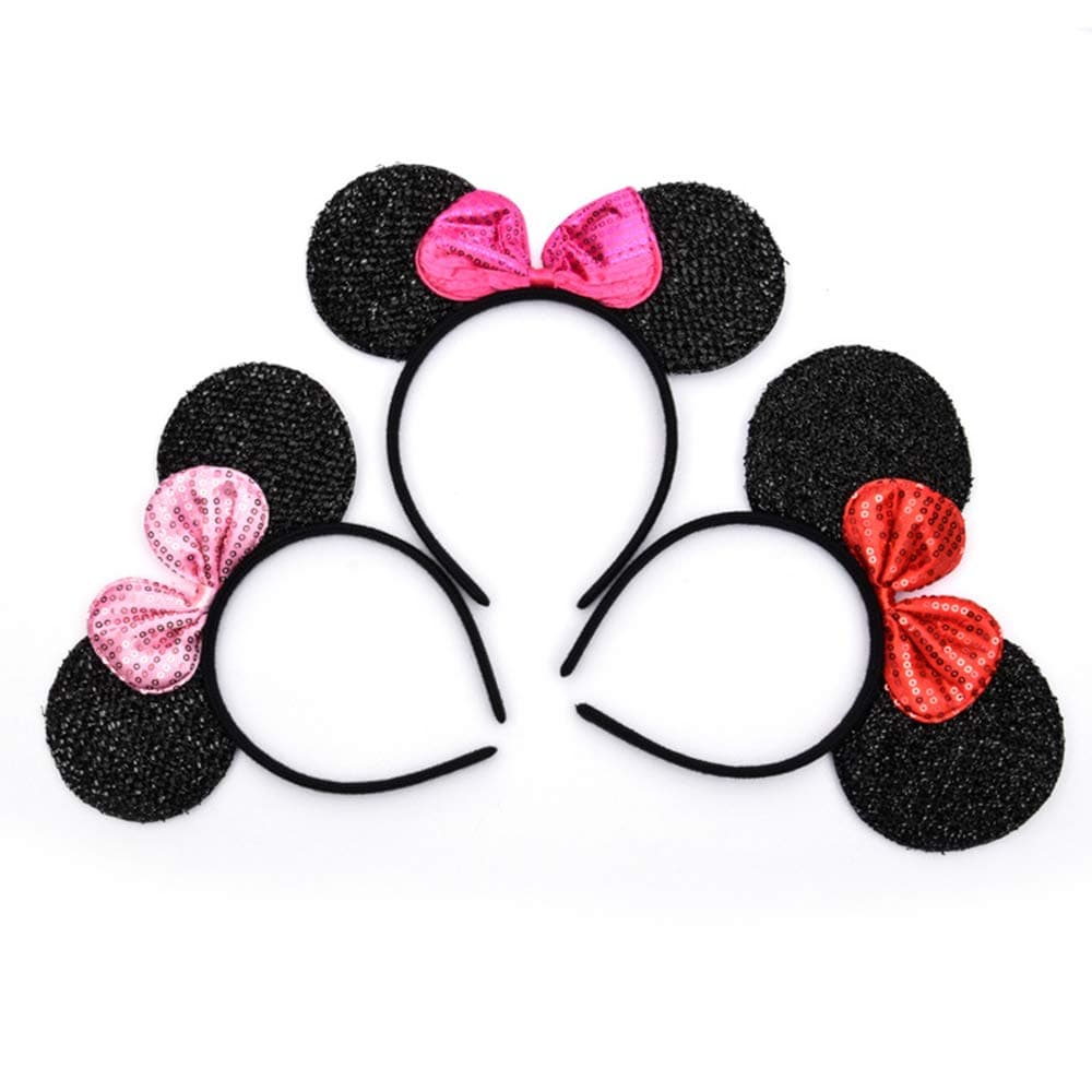 Mendom 3 Pieces Mouse Sparkled Ear Shaped Headband with Sequin Dot Bow,Christmas Party Costume Accessory for Kids and Adults