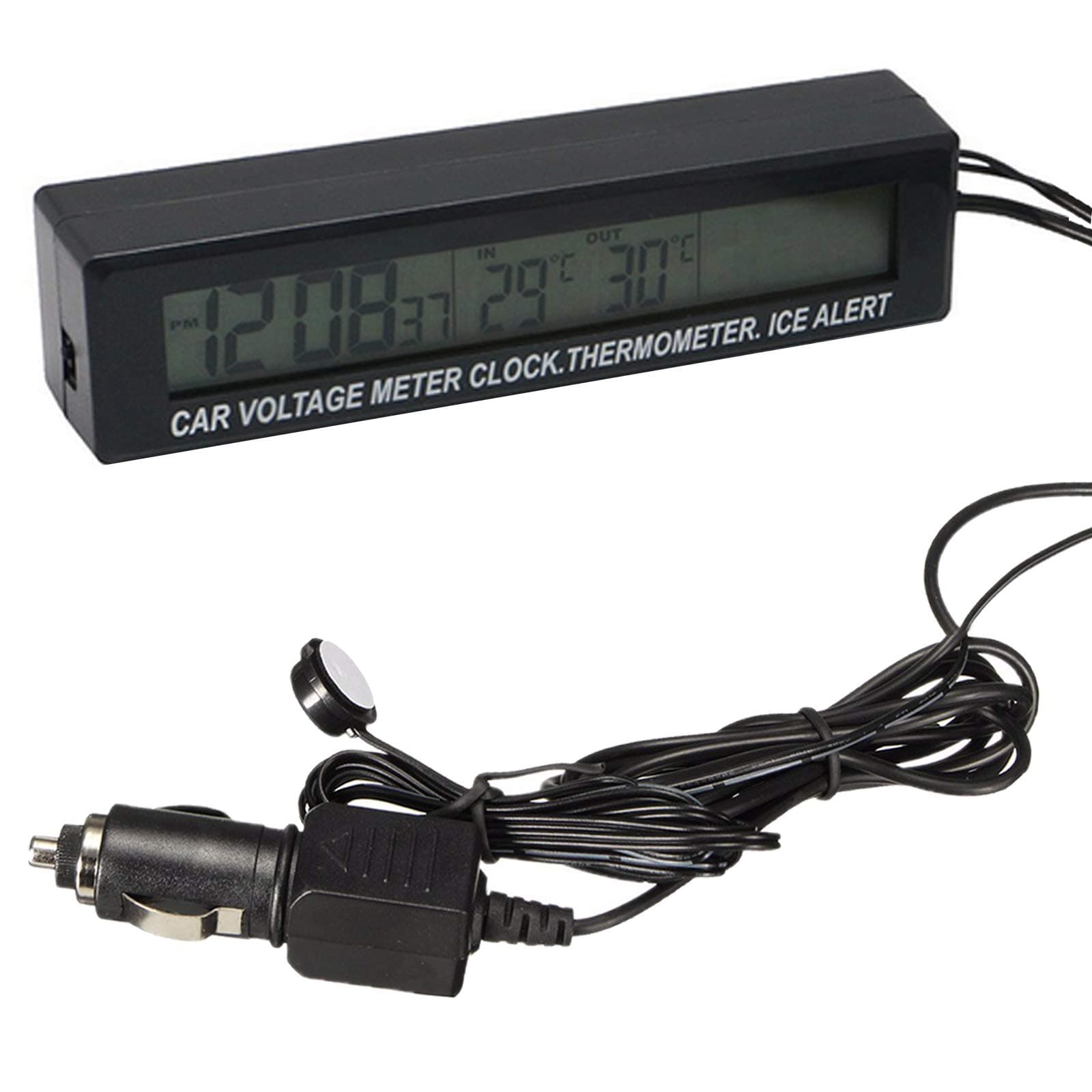 Car Auto Thermometer Temperature Voltmeter Gauge 12V 24V Voltage Meter Monitor LCD Digital Display Clock with Cigarette Lighter Car Charger