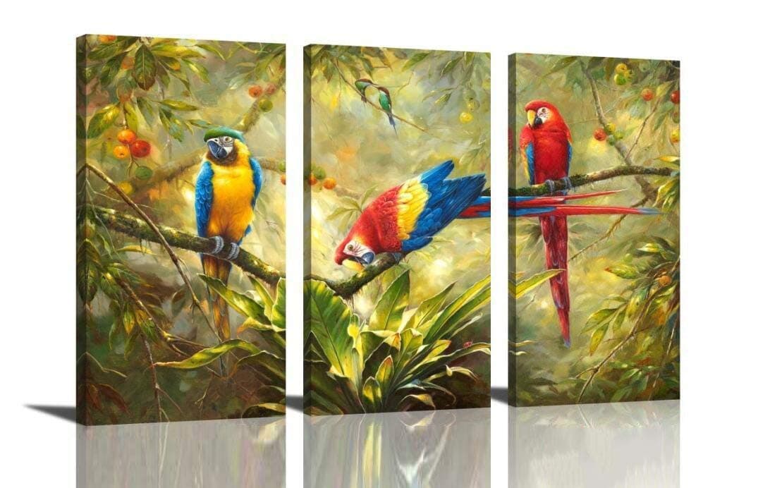 HLJ ART Artwork 3 Panel Abstract Macaw Parrot in Tropical Rain Forest Animals Picture Canvas Print Wall Art Painting for Living Room Decor and Modern Home Decorations (Wood Framed)