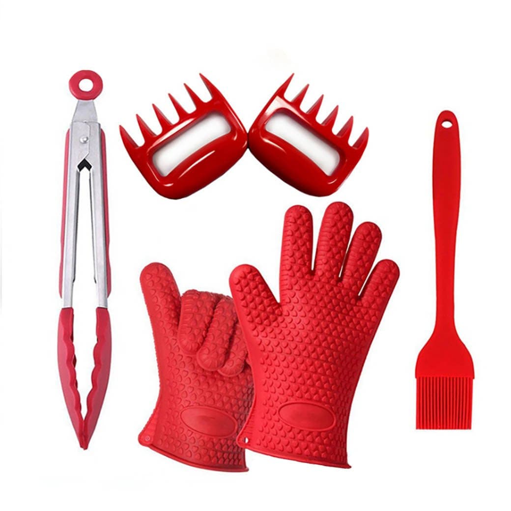 BBQ Premium Silicone Kits - Grill Gloves, Pulled Shredder Claws, Silicone Tongs and Silicone Basting Brush - Set of 4PCS Food Grade Kitchen Heat Resistant Accessories for Cooking, Barbecue, Oven, Party, Picnic - Red