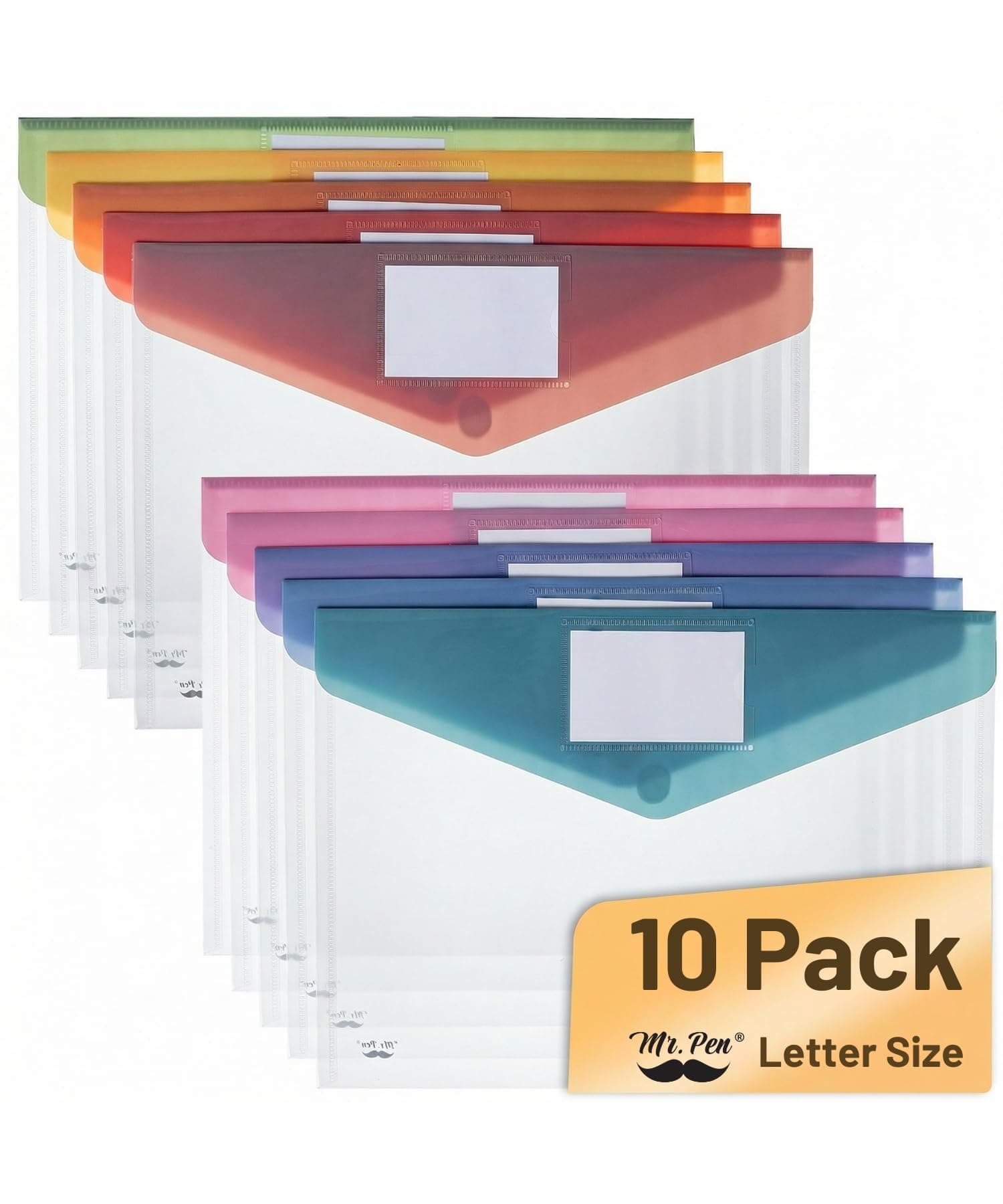 Mr. Pen- Plastic Envelopes, 10 Pack, A4, Letter Size, Colorful Flaps, Plastic File Folder with Label Pocket, Plastic Envelopes with Snap Closure, Plastic File Folders, Plastic Envelopes for Documents