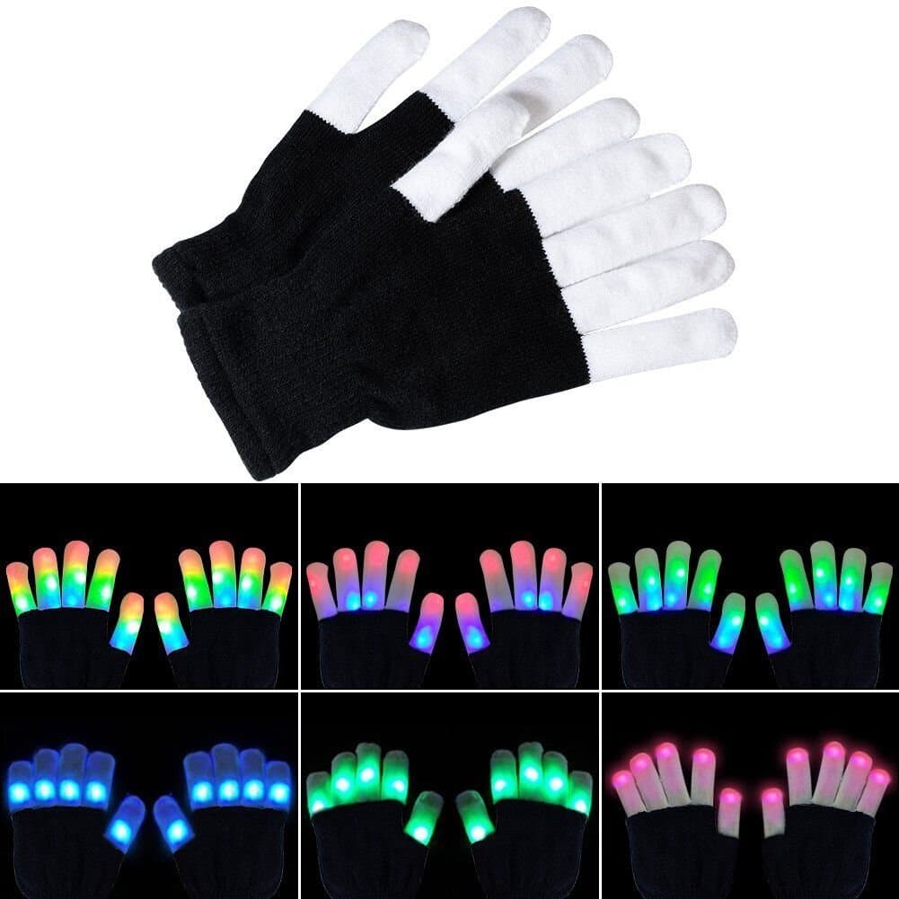 LED Gloves 5 Color 6 Mode Light up led Gloves Kids Size and Adult Size Flashing Colorful Light Up Show for Kids Halloween Black and White Cotton Gloves Fishing Gloves