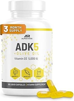 ADK Vitamin Supplement + Olive Oil for Better Absorption | ADK 5 Supplement with Vitamin A D and K | 5000 iu of Vitamin D3 + K2 (MK7+MK4) | 90 Liquid Capsules | Vegetarian | Non-GMO