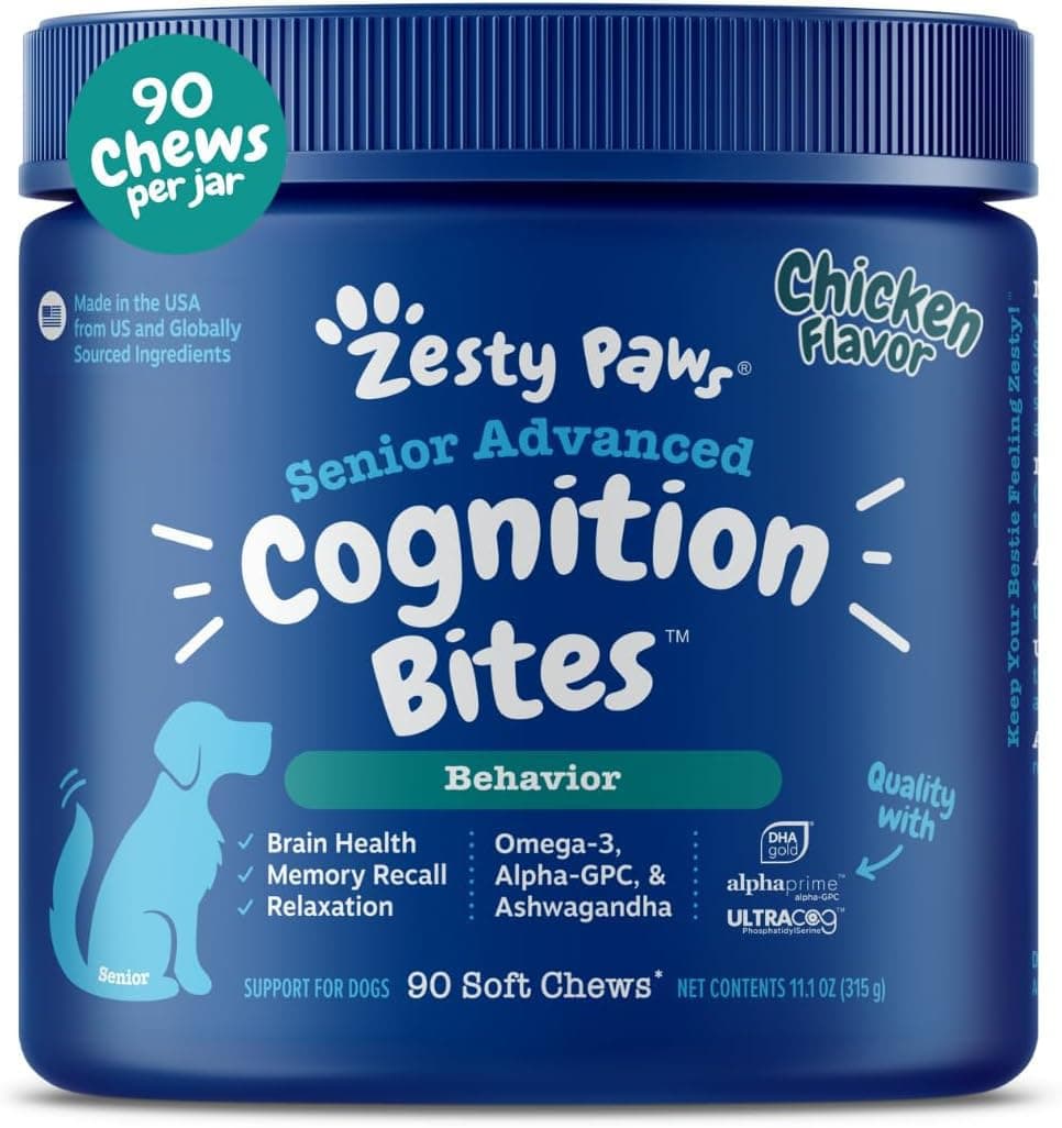 Zesty Paws Advanced Cognition Soft Chews for Dogs - with Omega 3 DHA, Ashwagandha & Alpha GPC - for Senior Dog Brain Health & Nervous System Support - Supplement for Calming & Relaxation - 90 Count