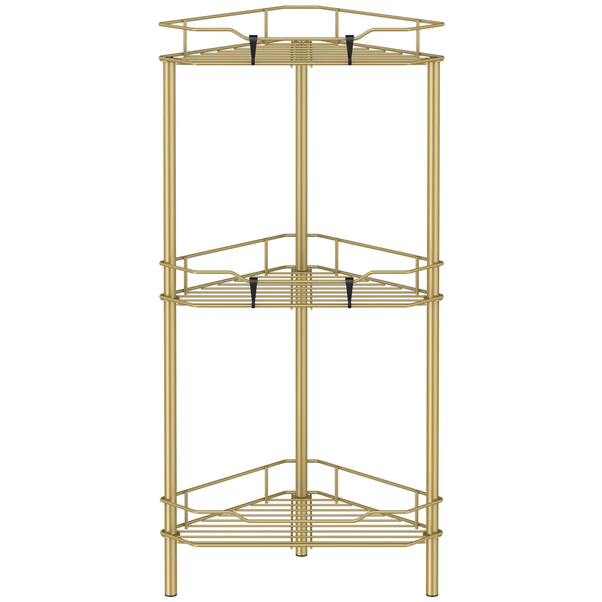 3 Tier Floor Standing Corner Shower Caddy Organizer Shelf with Hooks, Bathroom Shelves Stand Rack, Gold