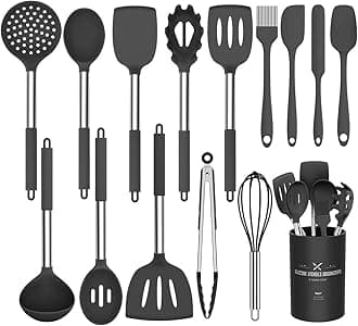 Umite Chef Silicone Cooking Utensil Set, 15pcs Silicone Cooking Kitchen Utensils Set, Non-stic - Best Kitchen Cookware with Stainless Steel Handle - Black