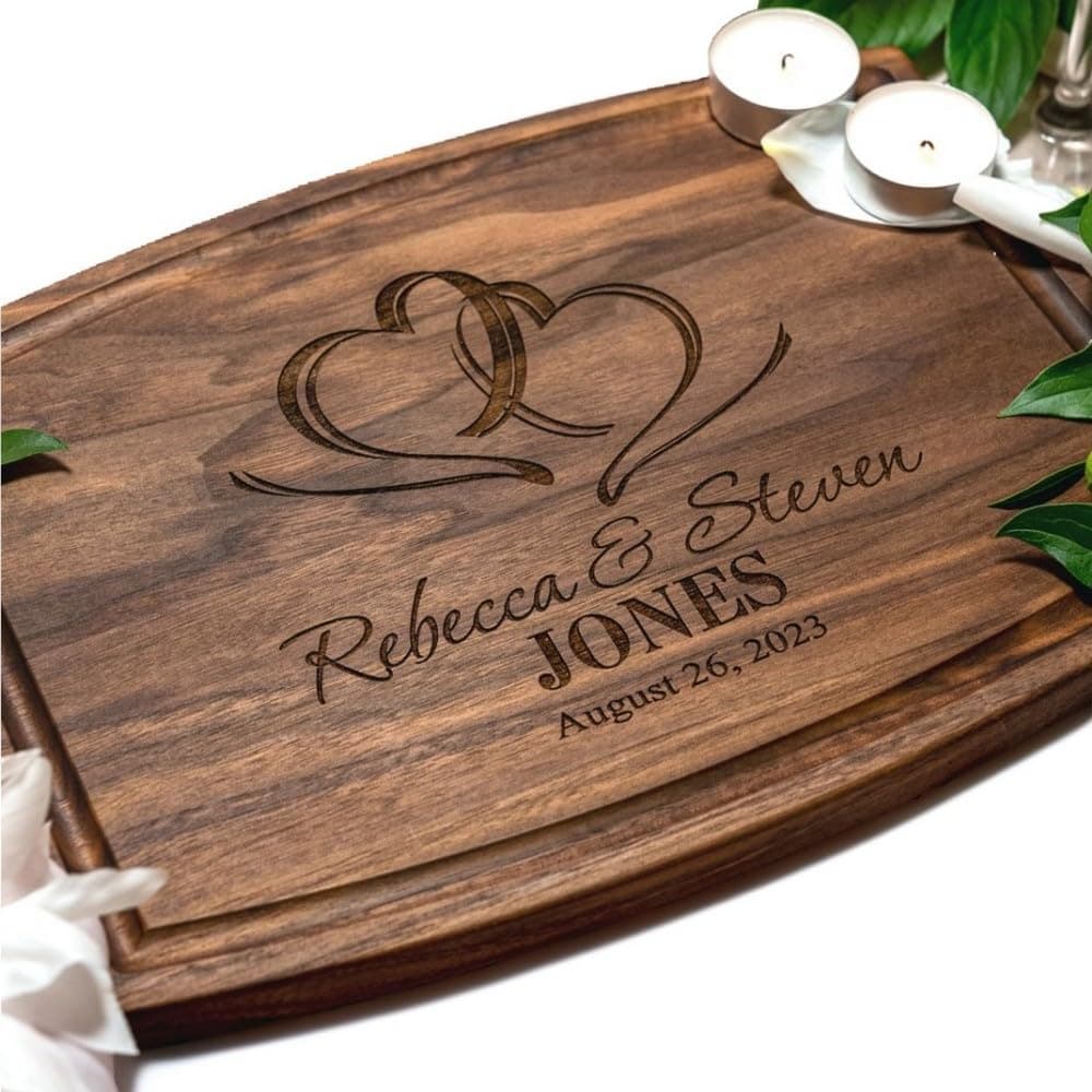 Personalized Cutting Board, Custom Wedding, Anniversary or Housewarming Gift Idea, Wood Engraved Charcuterie, for Newlyweds and Couples, Two Hearts Design 027.