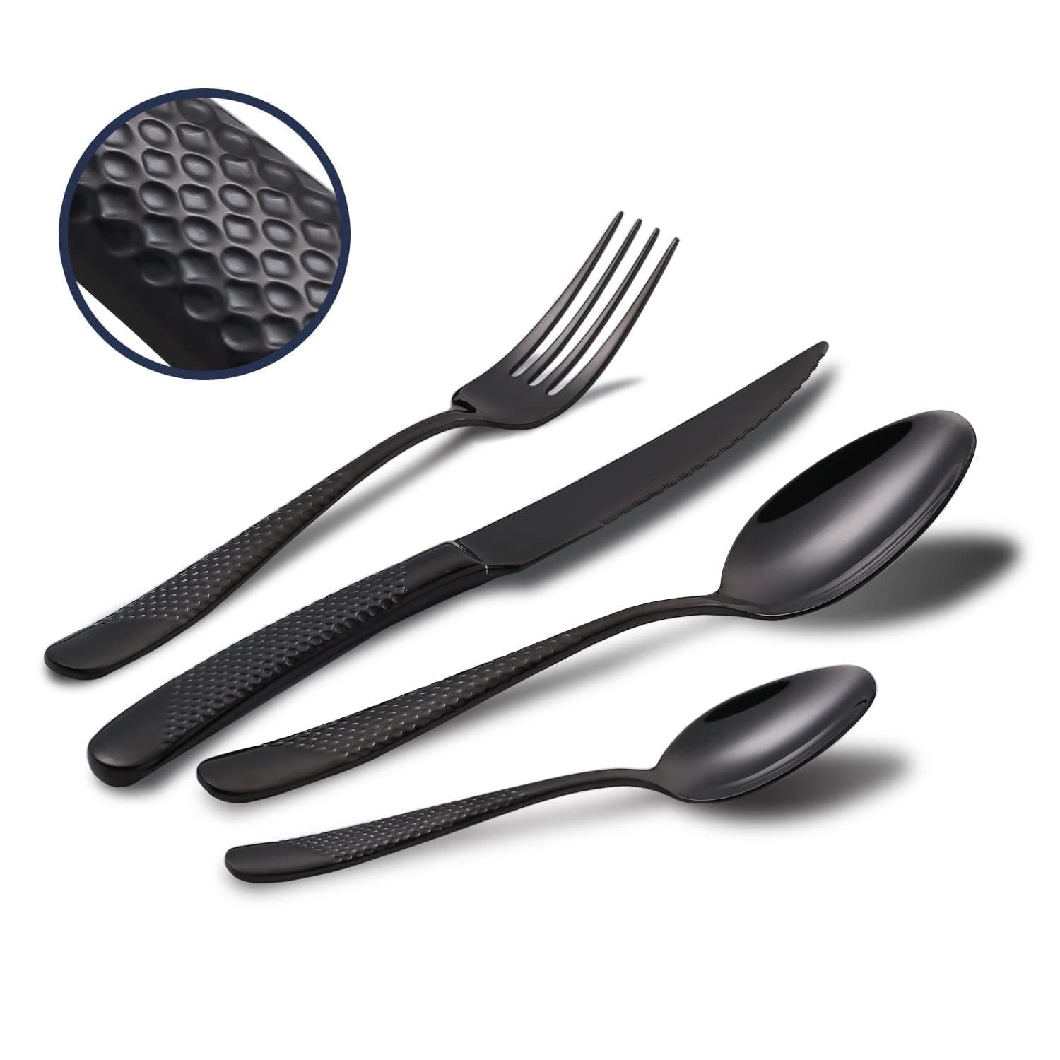 Hammered Silverware Set, 4-Piece Modern Black 18/10 Stainless Steel Flatware Set with Forks Spoons and Knives, Unique Metal Cutlery Sets for Home Restaurant, Mirror Polished & Dishwasher Safe