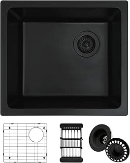 Black Bar Sink,Black Granite Composite Kitchen Sink With Accessories,19 Inch Undermount Quartz Stone Kitchen Sinks,19" x 17" x 9 Small Kitchen Sink with Offset Drain