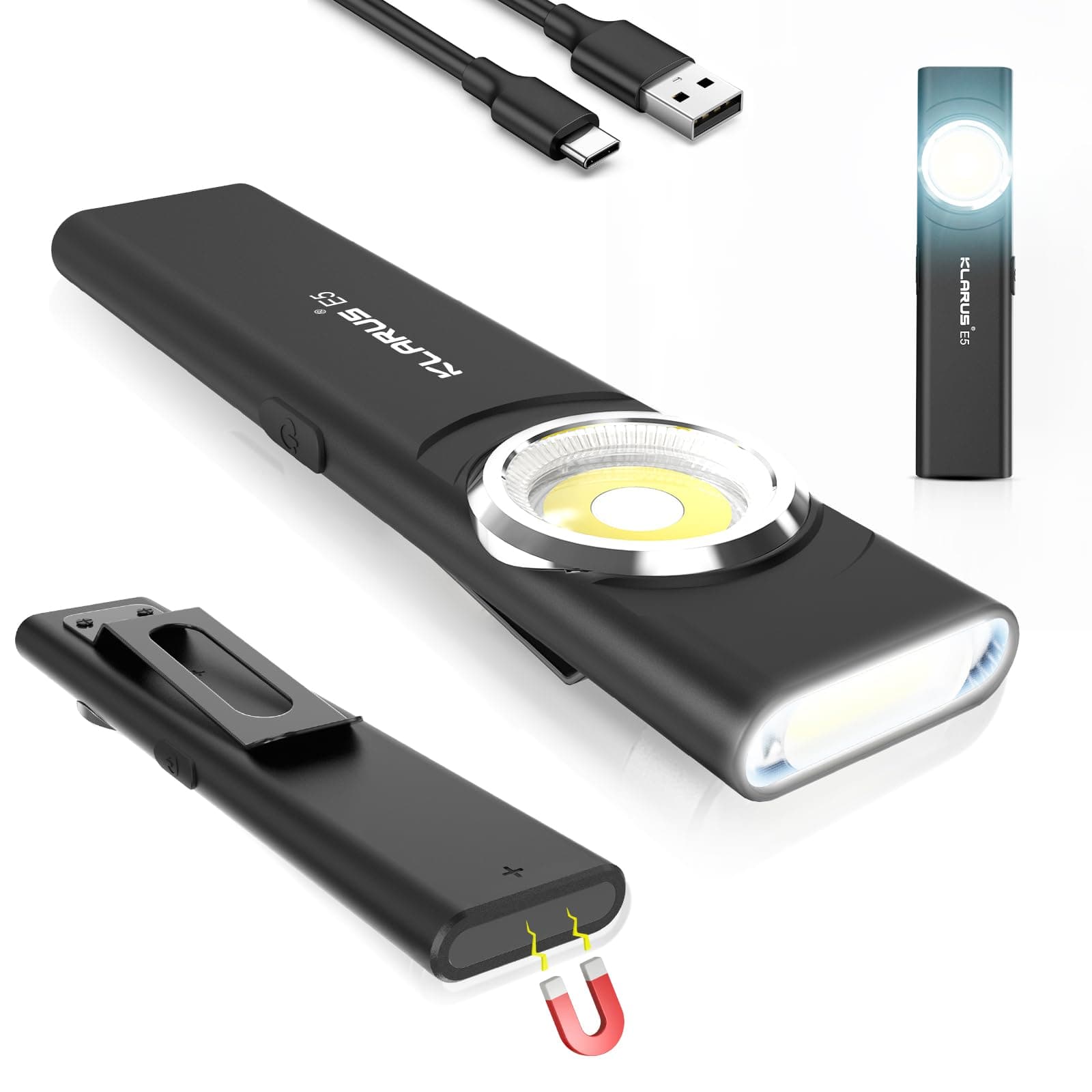 E5 Flat EDC Torch,USB C Rechargeable COB Work Light, 470 Lumens Mini Flashlight with Magnetic Base and Buckle Clip Suitable for Maintenance, Camping, Hiking, Emergency, etc (E5)