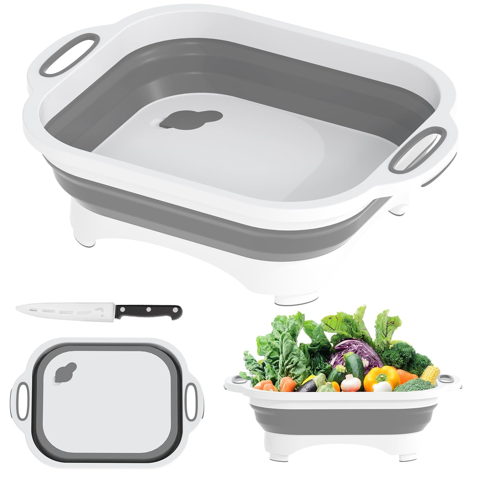 Gintan Camping Folding Chopping Board, Cutting Board, 3-in-1 Multifunction, with Knife, for Washing and Storing Fruit and Vegetables, Used for Kitchen, Camper, Motorhome Accessories, Outdoor