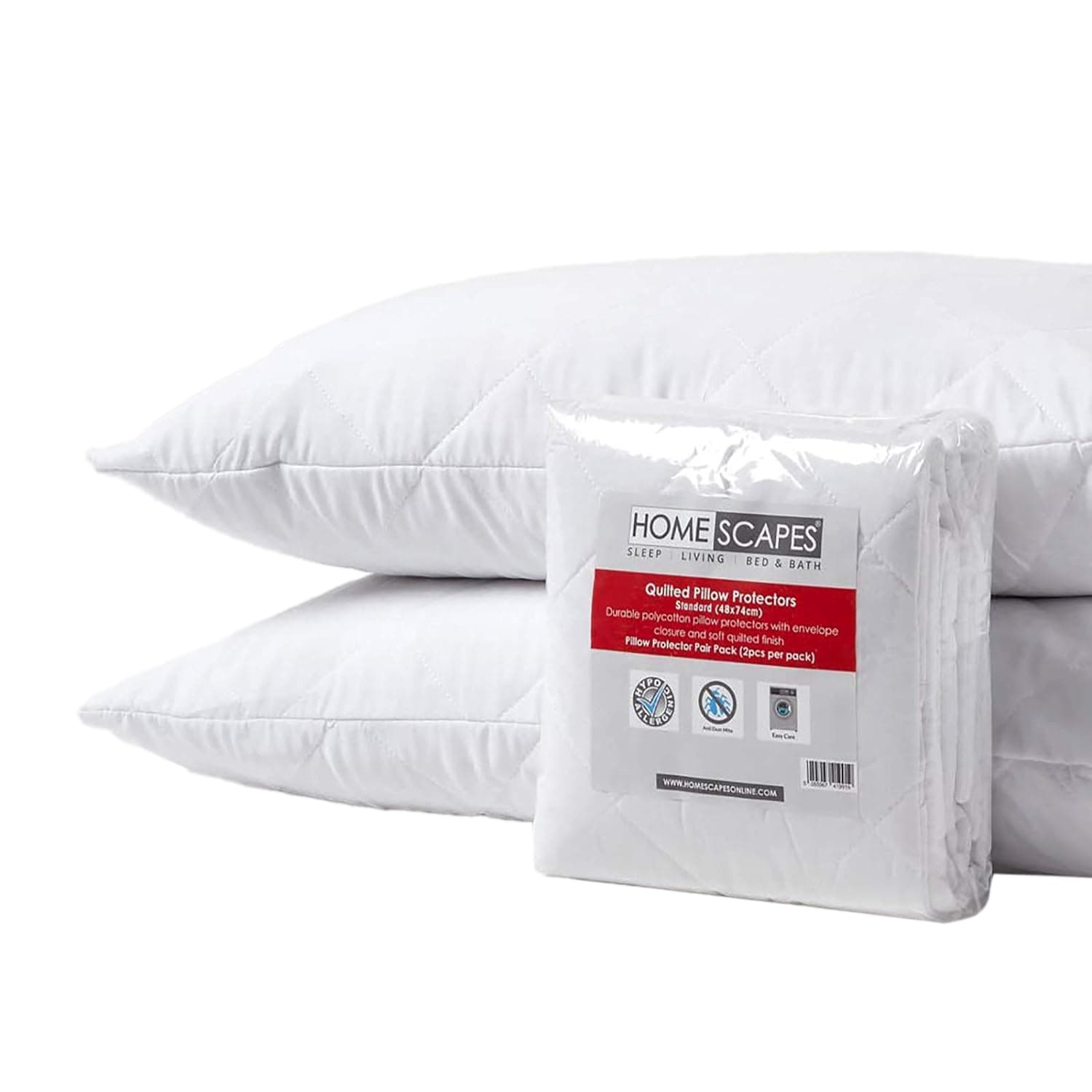 HOMESCAPES Pillow Protectors 2 Pack Quilted Top Pillow Covers Super Soft Hypoallergenic and Anti-Dust Mite Protectors with Diamond Quilting 48 x 74 cm