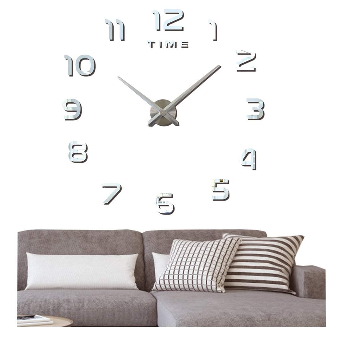 AS1 Modern DIY Large Wall Clock Big Watch Decal 3D Stickers Mirror Effect Acrylic Wall Clock Home Office Removable Decoration for Living Room - Silver (Battery NOT Included)