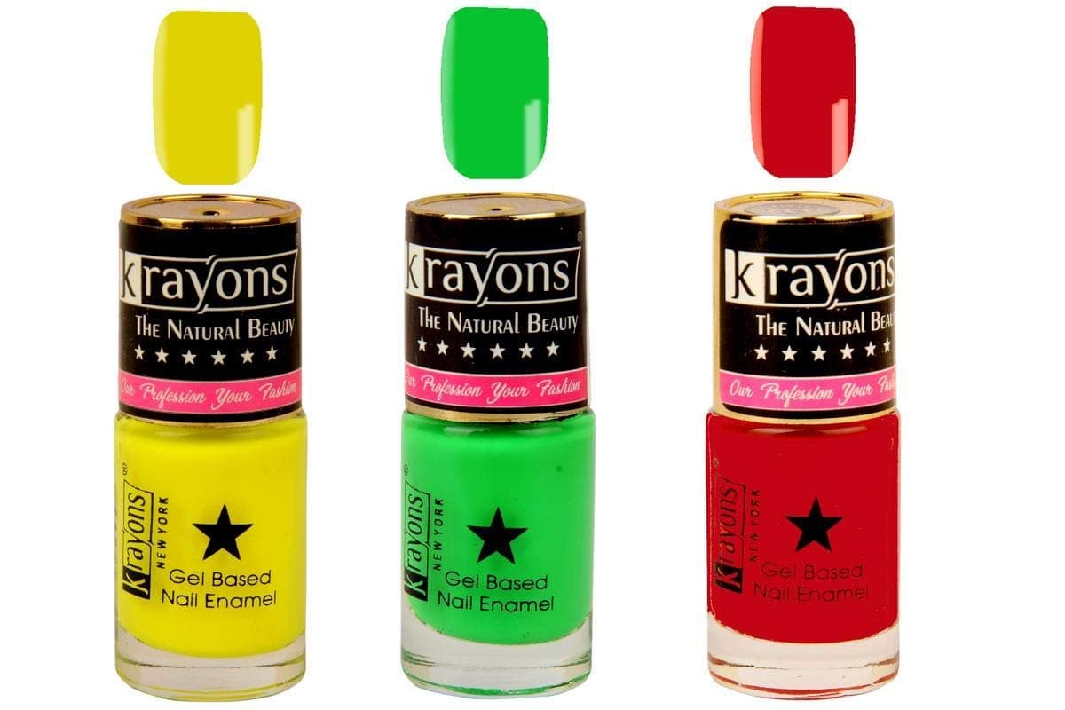 Krayons Gel Base Glossy Effect Nail Polish, 6ml Each, Pack of 3 (SIGNAL RED,NEON YELLOW,NEON GREEN)