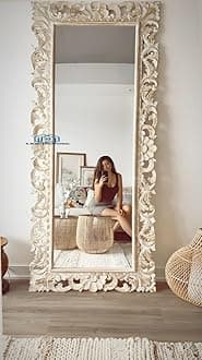 Wooden Carved Mirror Frame for Wall Decoration | Wall Mount Frame for Bedroom & Living Room | Solid Mango Wood | White Distress Finish | 4 x 2.5 Feet | Mirror Not Included
