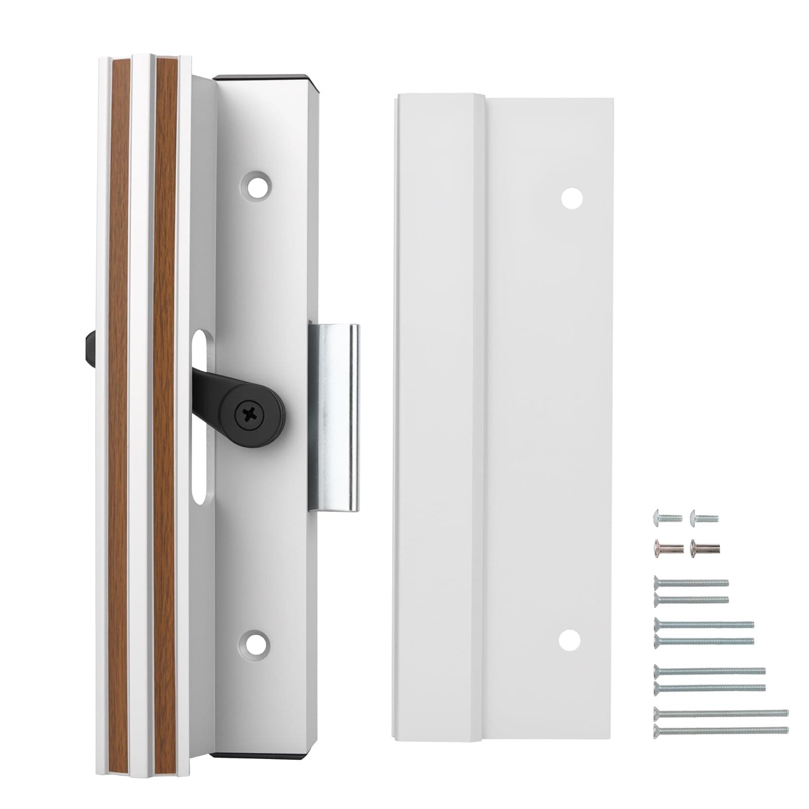Baomain Surface Mount Sliding Patio Door Handle Set, 4-15/16" Hole Spacing C-to-C, Clamp Style Aluminum Replacement for Sliding Glass Doors, White with Woodgrain Finish