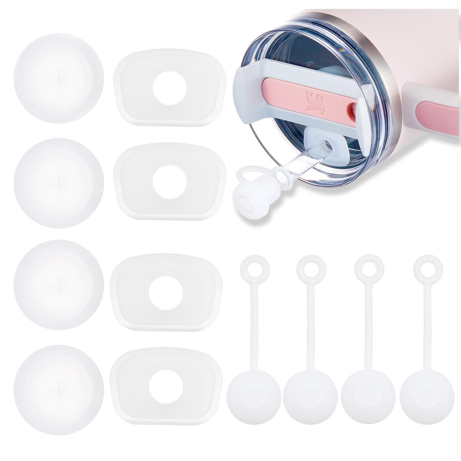 Silicone Spill Proof Stopper for Stanley Cup 2.0 40oz/30oz Tumbler Leakproof Spill Stopper Set - 4 Straw Cover Sets, 4 Square Spill Stoppers,4 Round Leak Stoppers (12 PCS transparent)