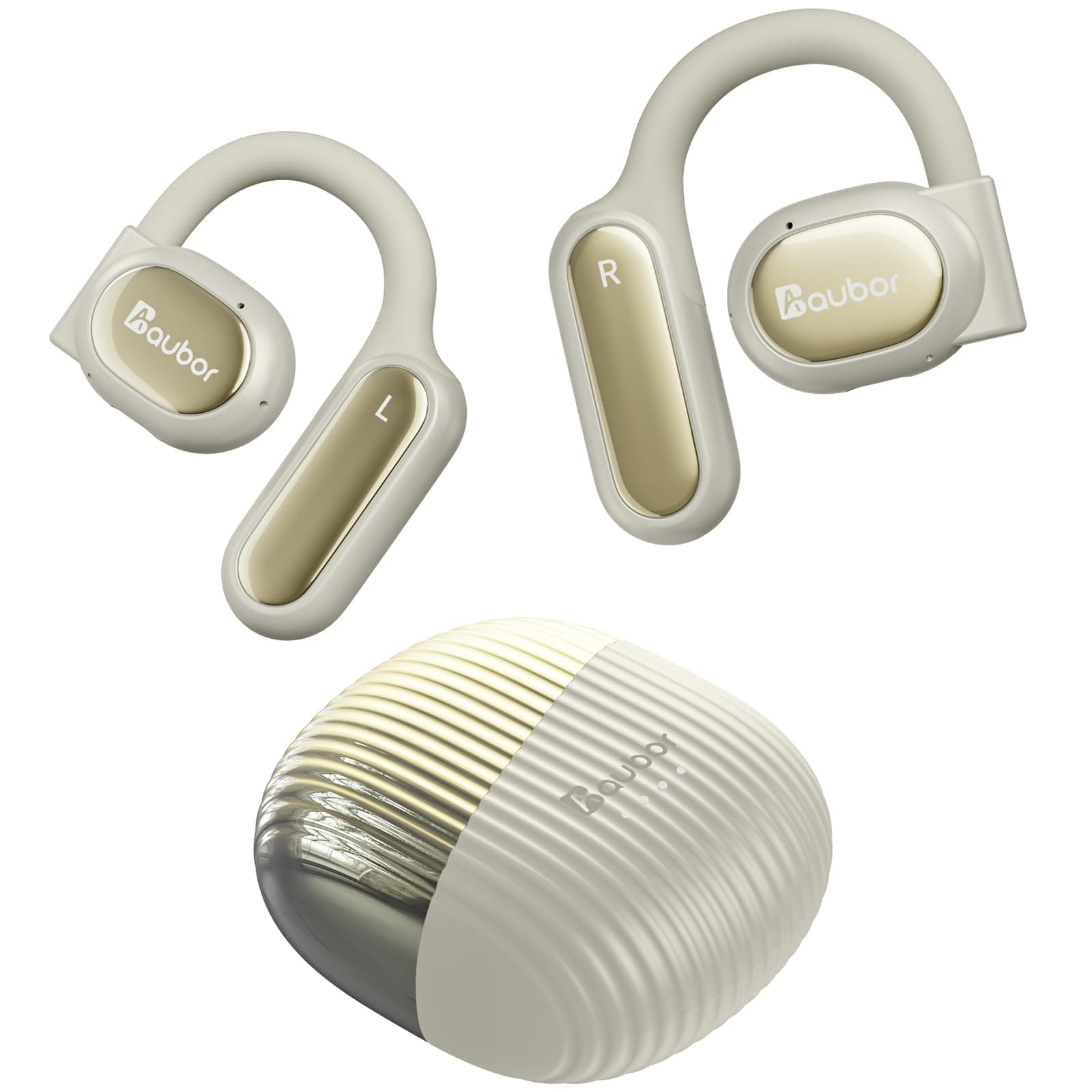 AUBOR Open Ear Headphones, True Wireless Bluetooth Earbuds with ENC Clear Call, Bluetooth 5.3, IPX6 Water-Resistant, Ergonomic Ear Hooks, 45H Playtime, Compatible with iPhone & Android, Beige