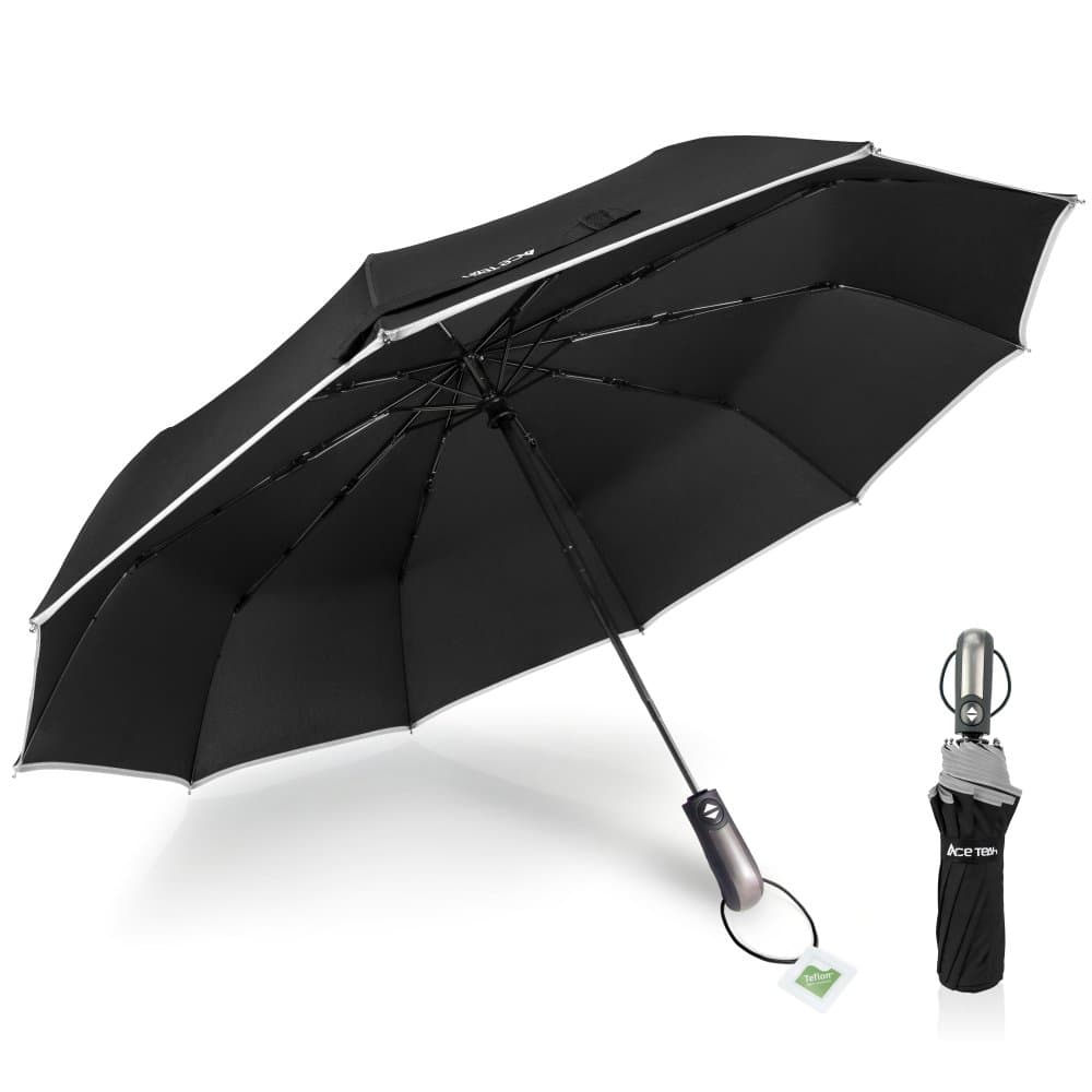 Ace Teah Travel Umbrella Windproof with Teflon Coating, Automatic Folding Umbrella Auto Open Close, 10 Ribs Compact Black Rain Umbrella for Men Women with Safety Reflective Strip – Black