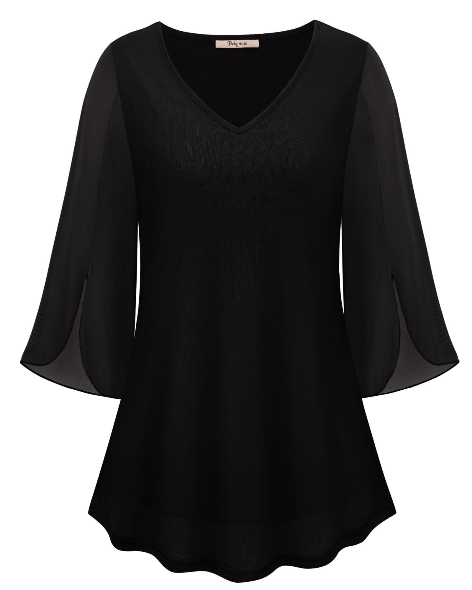 Bebonnie Womens Ruffle 3/4 Sleeve V Neck Double Layers Mesh Blouses Loose Fit Flowy Tunic Tops