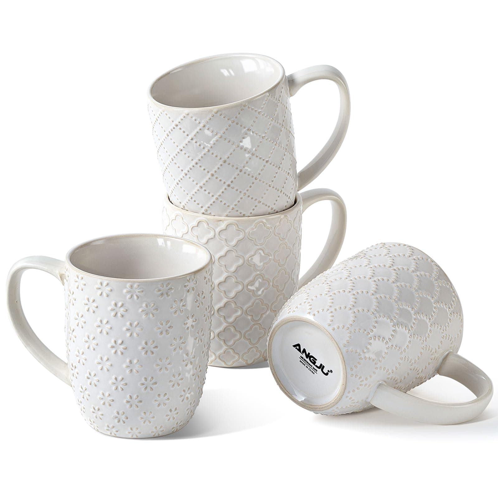 Angju Ceramic Coffee Mug, Large Coffee Cup,Tea Cup With Handle,Coffee Mug Embossment Espresso Cups, Latte Mugs for Cappuccinos, Milk, Beer, Microwave & Dishwasher Safe,Set of 4