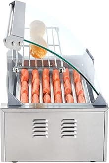 VEVOR Hot Dog Roller 7 Rollers 18 Hot Dogs Capacity 1050W Stainless Sausage Grill Cooker Machine with Dual Temp Control Glass Hood Acrylic Cover Bun Warmer Shelf Removable Oil Drip Tray, ETL Certified