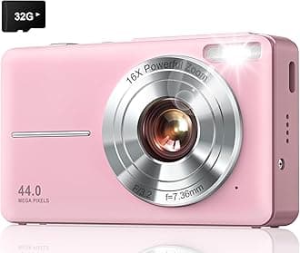 Digital Camera, FHD 1080P Kids Camera Point and Shoot Digital Camera with 16X Zoom Anti Shake Date Stamp, 32GB Card, Vintage Compact Small Camera for Boy Girl Teens Student Kids(Rose Pink)