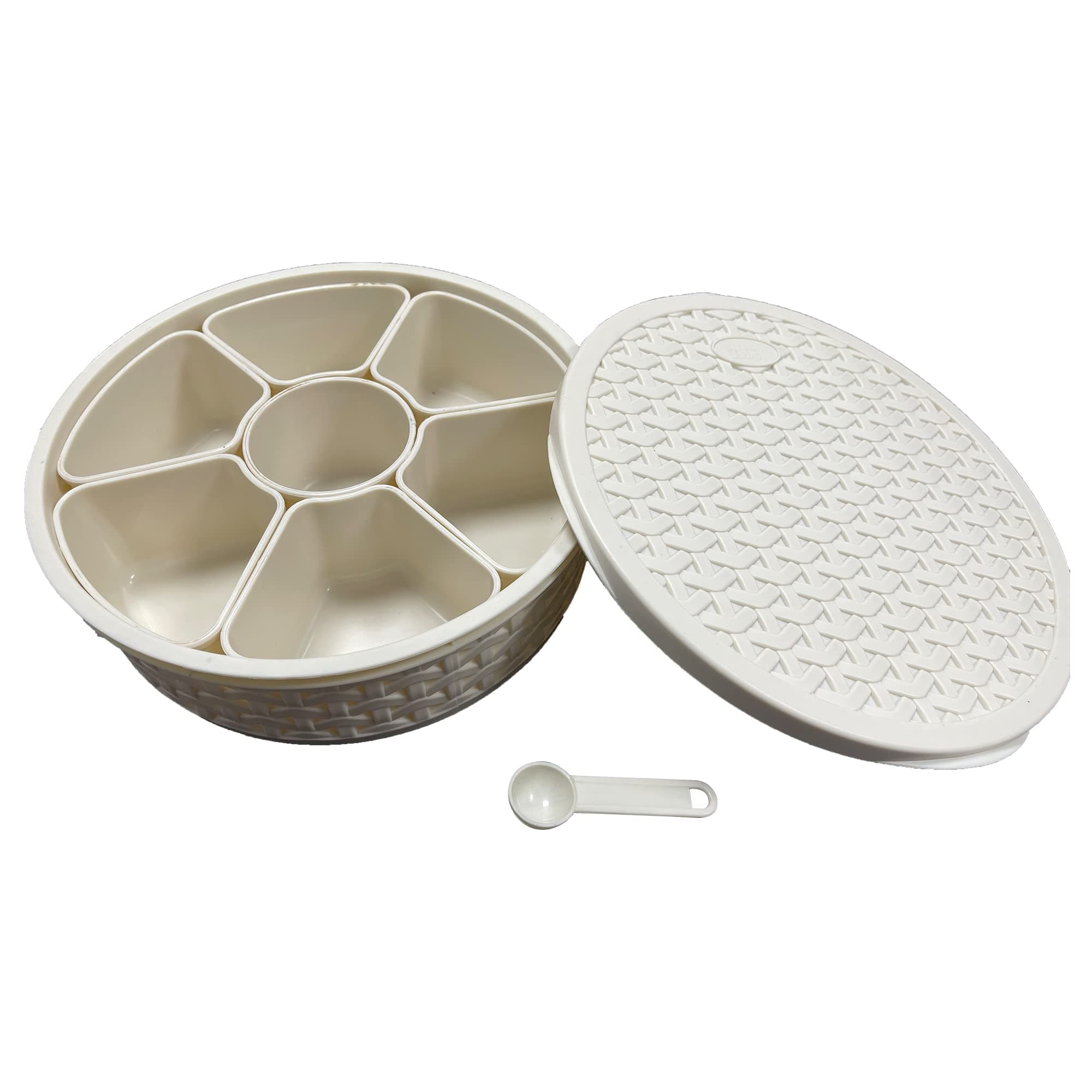 Plastic Masala Box, Spice Box, Masala Dabba, Authentic Indian Masala Dabba perfect for your spice storage with 7 containers and a FREE serving spoon (Ivory)