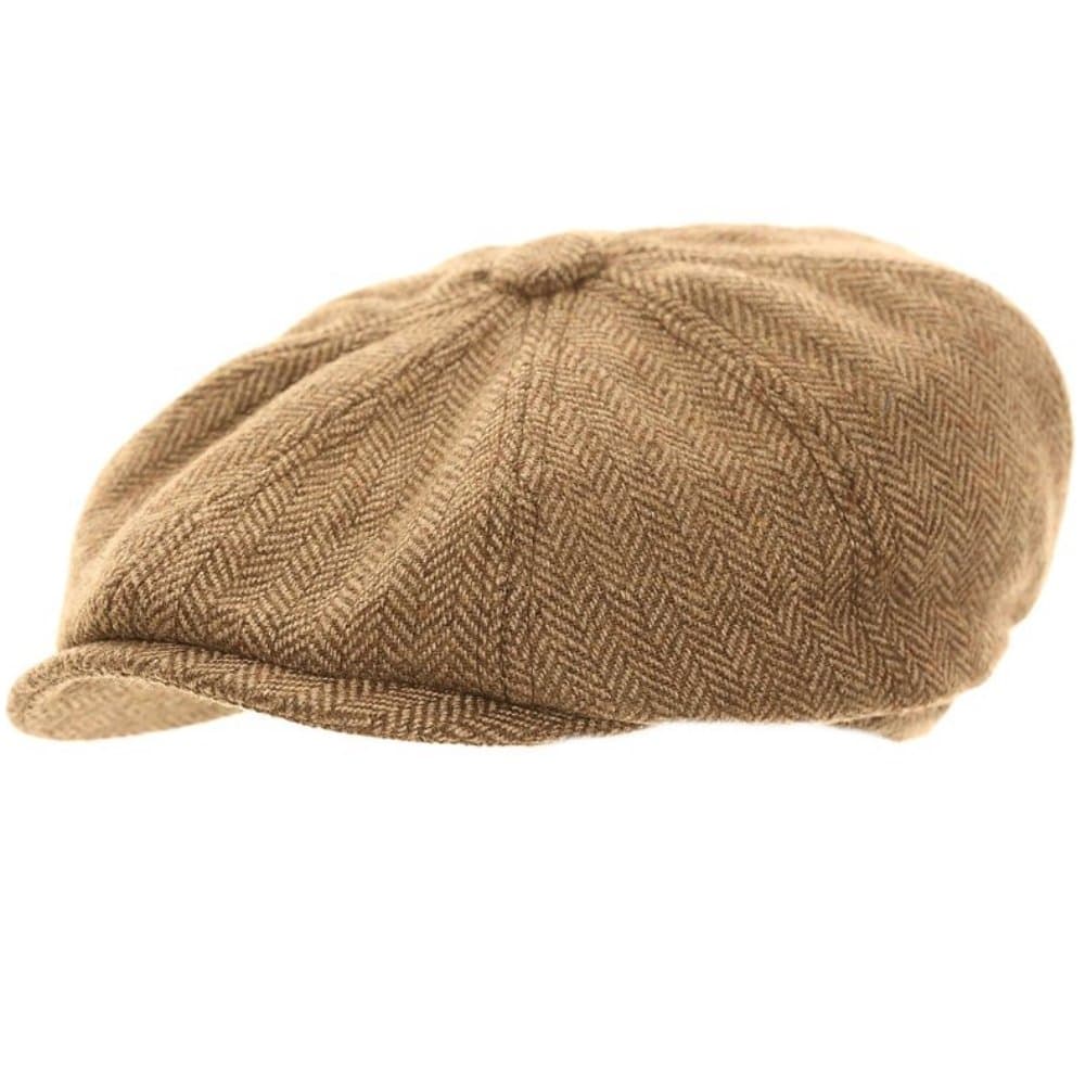WrapeezyLight Brown Herringbone Newsboy 8 Panel Baker Boy Tweed Flat Cap Mens Gatsby Hat (58cm M Medium 58 cm)